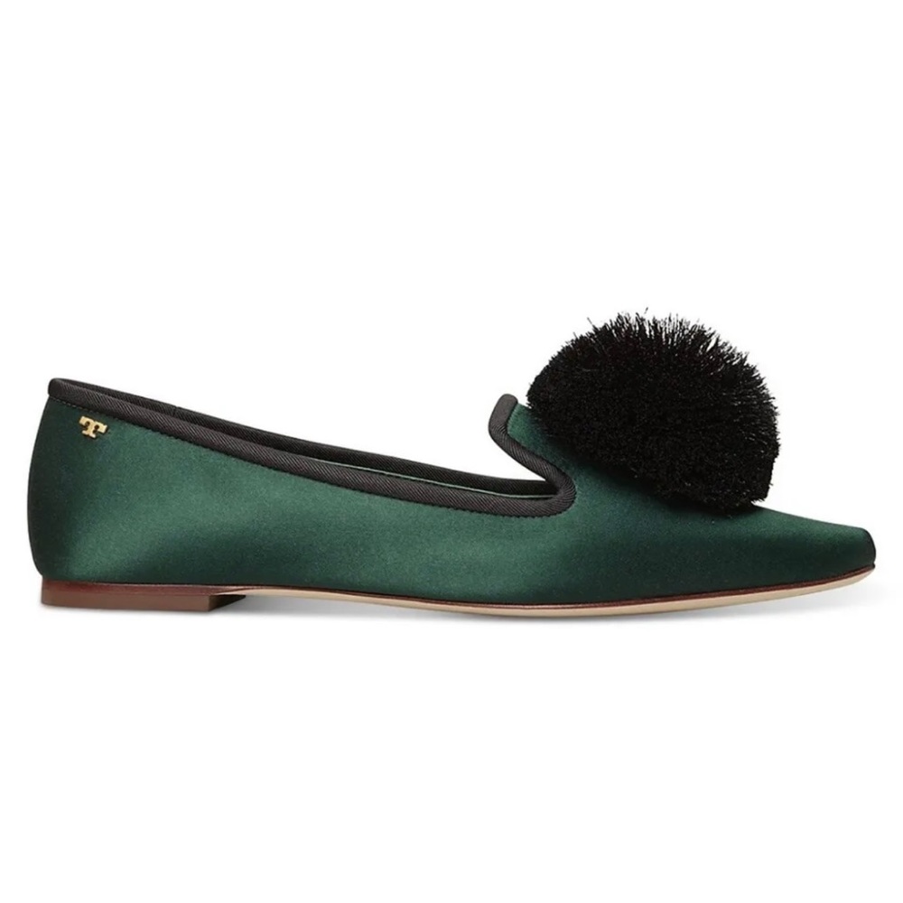 NWT Tory Burch Satin Pom Pom Smoking Loafers in Emerald Green, Brand New in box - Picture 7 of 13